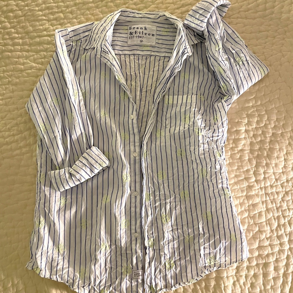 Frank & Eileen striped button-down with set wrinkles and neon flower embroidery